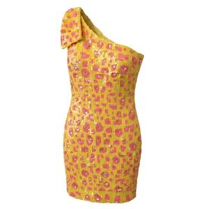 Alla Berman Sequin One Shoulder Neon Leopard Mini Dress